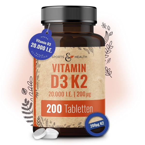 Vitamin D3 K2 hochdosiert Tabletten - 200 Stück - 20000 IE D3 + 200µg K2-Mk7 - Vegetarisch - Hochdosiertes Depot - Bodyshop-fit