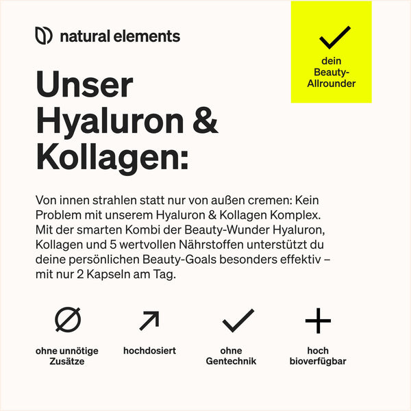 natural elements Hyaluronsäure Kollagen Komplex - 180 Kapseln - Angereichert mit Biotin, Selen, Zink, Vitamin C aus Acerola & Bambusextrakt - Laborgeprüft