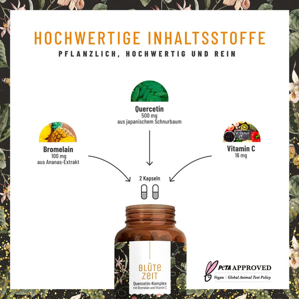 Quercetin Bromelain Komplex vegan 120 Kapseln - 500mg hochdosiertes Quercetin, 100mg Bromelain und 16mg Vitamin C pro Tagesdosis - Blütezeit von Naturtreu - Bodyshop-fit