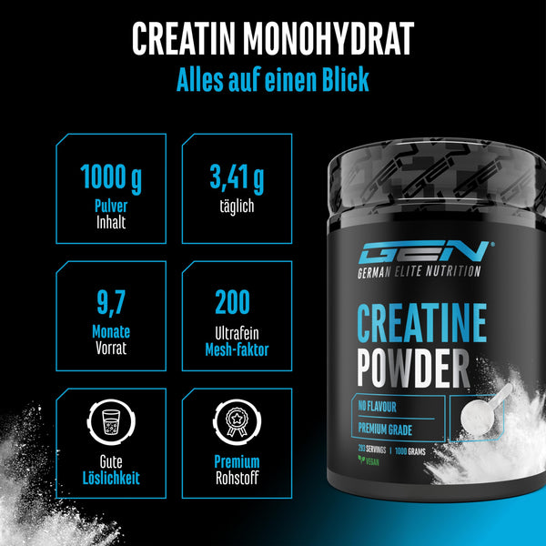 Creatin Pulver - 1kg / 1000 g - Creatine Monohydrat Pulver - Optimale Löslichkeit & mikrofein - Vegan - 293 Anwendungen - German Elite Nutrition