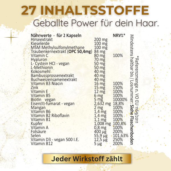Haar-Vitamine Testnote SEHR GUT - 27 Wirkstoffe - Hochdosiert Biotin Zink Selen zum Erhalt normaler Haare. Hyaluron Hirseextrakt alle B-Vitamine. 120 Kapseln für Frauen, Männer & Bart - Vegan