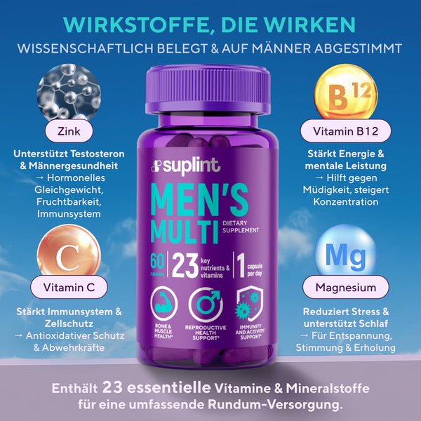 Multivitamin für Männer - 60 Kapseln für 60 Tage - Vitamin Komplex A-Z & Mineralstoffe wie Zink, Magnesium, Und Mehr - Hochdosierte Tabletten Multivinamine A, C, D, E, B6, B12, K