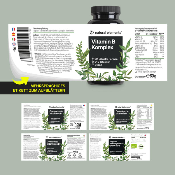 natural elements Vitamin B Komplex – 240 Tabletten – mit 8 essenziellen B-Vitaminen & Kofaktoren – mit Bioaktiv-Formen – vegan, hochdosiert – laborgeprüft