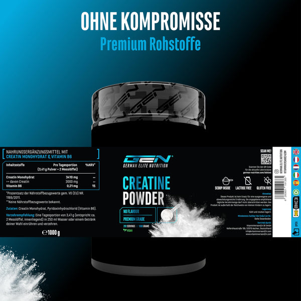 Creatin Pulver - 1kg / 1000 g - Creatine Monohydrat Pulver - Optimale Löslichkeit & mikrofein - Vegan - 293 Anwendungen - German Elite Nutrition