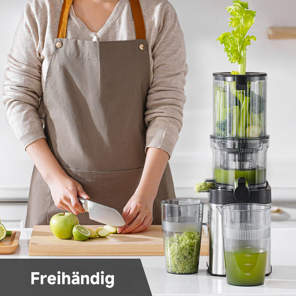 AMZCHEF Slow Juicer - Entsafter mit 120MM Breite und großer Fütterungsröhre für ganze Obst und Gemüse - Leicht zu reinigender Entsafter mit 2 Gläsern - Silbrig - Bodyshop-fit