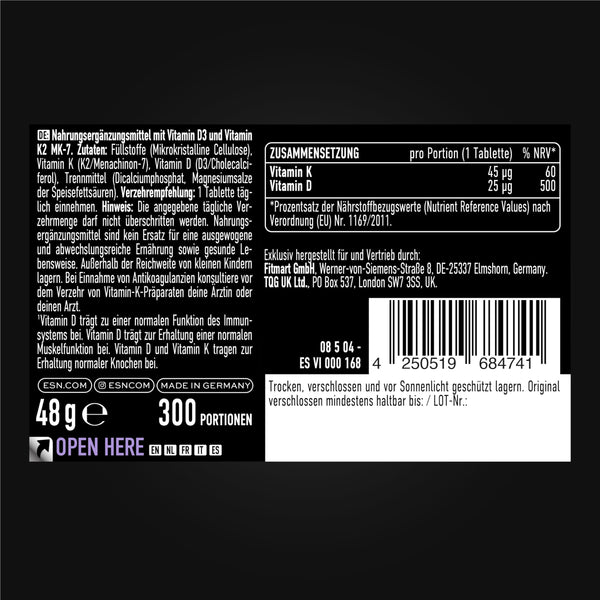ESN Vitamin D3 + K2 Daily, 300 Tabletten, für Immunsystem und Knochen, made in Germany