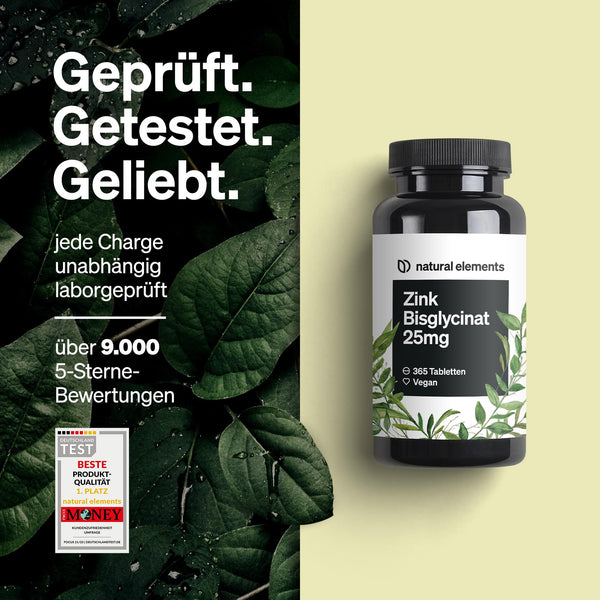 natural elements Zink 25mg – 365 Tabletten – gut verträgliches Zinkbisglycinat (Zink-Chelat) – vegan, hochdosiert, ohne unnötige Zusätze – in Deutschland produziert & laborgeprüft