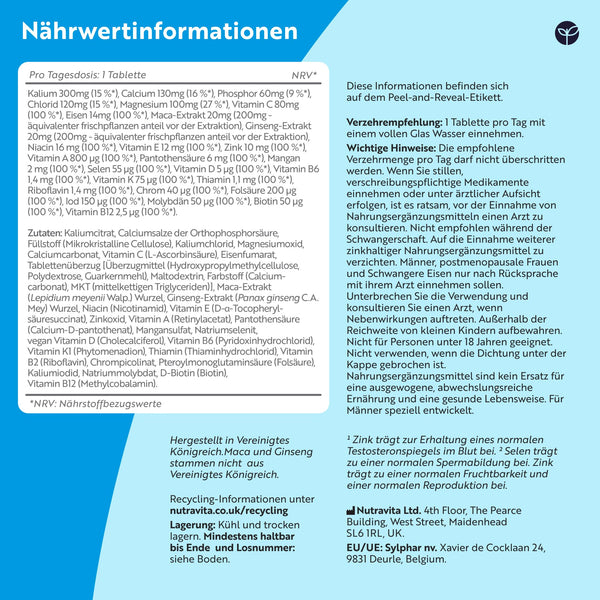 Nutravita Multivitamine & Mineralien für Männer - 25 Essentielle Aktive Vitamine & Mineralien mit Maca-Wurzel & Panax Ginseng - 180 Vegane Multivitamin Tabletten - Multivitamin Tabletten Hochdosiert