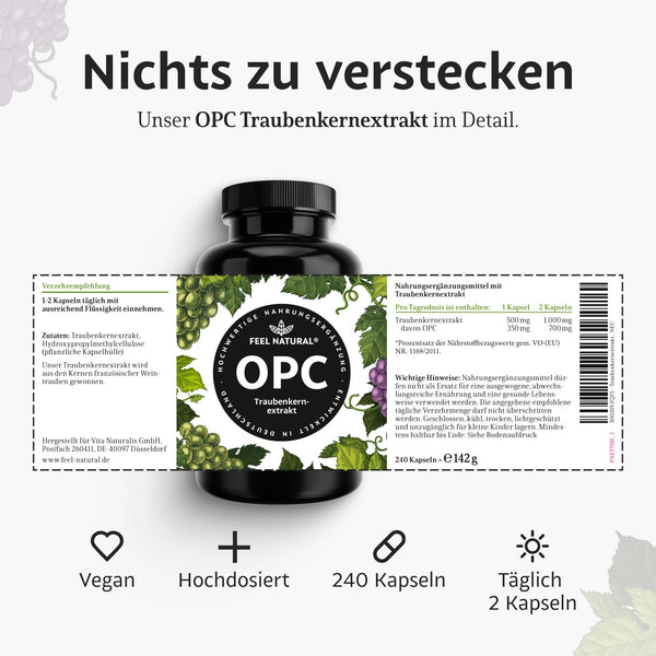 OPC Traubenkernextrakt – 240 Kapseln mit 1000mg OPC Extrakt – Höchster OPC Gehalt nach HPLC – aus französischen Weintrauben – Vegan, hochdosiert, in Deutschland produziert