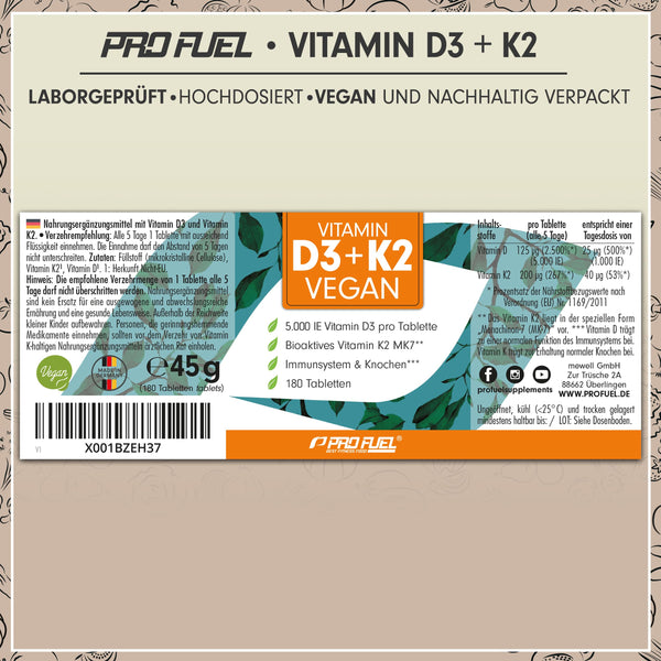 Vitamin D3 K2 VEGAN - 180 Tabletten mit 5000 IE D3 + 200 mcg K2 (MK7) - Vitamin D3 hochdosiert und vegan + Vitamin K2 in bioaktiver MK7-Form - laborgeprüft mit Zertifikat - Vorratspack: 180 Tabletten