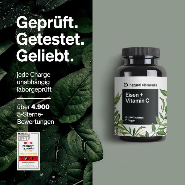 natural elements Eisen mit 40mg natürlichem Vitamin C – 240 vegane Eisentabletten – mit natürlichem Vitamin C aus Acerola – Chelat-Komplex (Eisenbisglycinat) – hochdosiert, ohne unnötige Zusätze