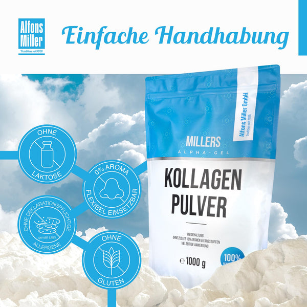 100% reines Kollagen Pulver 1000 g – Kollagen Peptide – Collagen Protein – Millers Alpha-Gel – Ohne Zusatzstoffe – Geschmacksneutral – Collagen Pulver – Alfons Miller – Deutsches Familienunternehmen