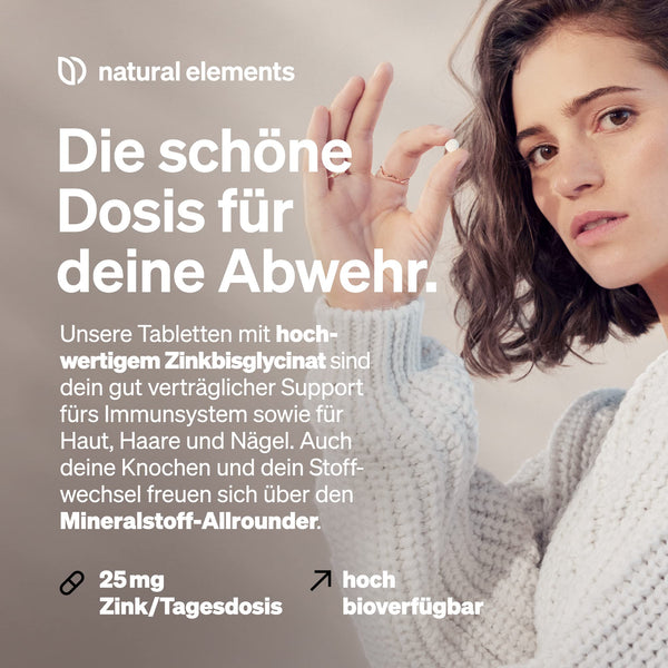 natural elements Zink 25mg – 365 Tabletten – gut verträgliches Zinkbisglycinat (Zink-Chelat) – vegan, hochdosiert, ohne unnötige Zusätze – in Deutschland produziert & laborgeprüft