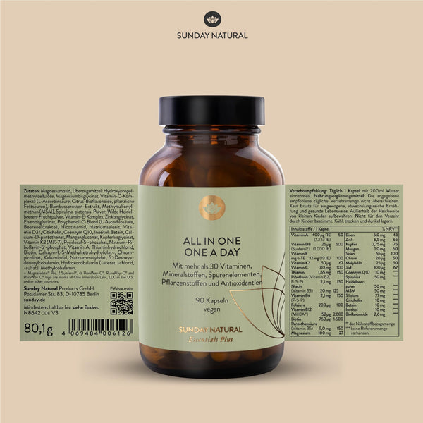 SUNDAY NATURAL® Multivitamin Komplex vegan - Premium All in One mit 30 A-Z Vitaminen und Mikronährstoffen - 90 vegane Kapseln, laborgeprüft und ohne unnötige Zusätze - Bodyshop-fit