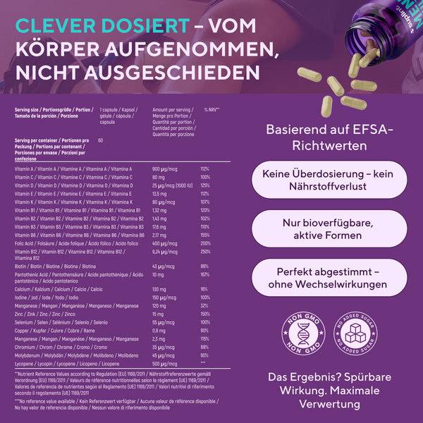 Multivitamin für Männer - 60 Kapseln für 60 Tage - Vitamin Komplex A-Z & Mineralstoffe wie Zink, Magnesium, Und Mehr - Hochdosierte Tabletten Multivinamine A, C, D, E, B6, B12, K