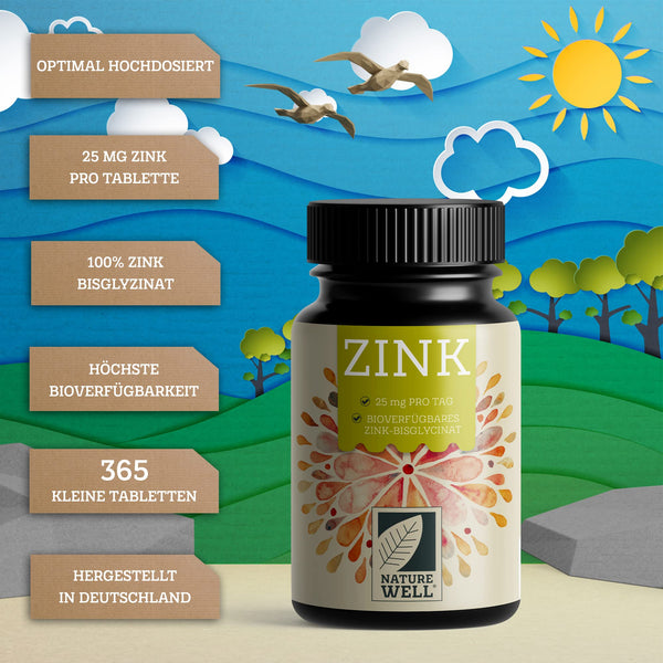 Zinkbisglycinat 25mg vegan - 3x365 Tabletten für höchste Bioverfügbarkeit, laborgeprüftes Zink, hochdosiert im XXL-Vorratspack - NatureWell - Bodyshop-fit