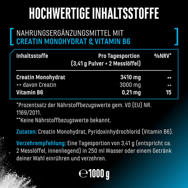 Creatin Pulver - 1kg / 1000 g - Creatine Monohydrat Pulver - Optimale Löslichkeit & mikrofein - Vegan - 293 Anwendungen - German Elite Nutrition