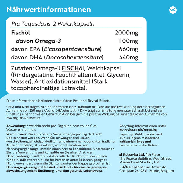 Nutravita Omega 3 Kapseln hochdosiert 2000mg Fischöl mit 660mg EPA und 440mg DHA für Herz, Gehirn und Augen – 240 Weichkapseln für 4 Monate - Bodyshop-fit