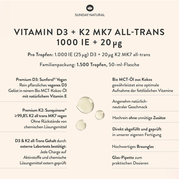 SUNDAY NATURAL® Vitamin D3 K2 Tropfen hochdosiert - Vegan - Premium Vitamin D 3 1.000 IE + K2-MK7 ≥99,8% all-trans 20µg - Optimale Bioverfügbarkeit, ohne unnötige Zusätze, laborgeprüft