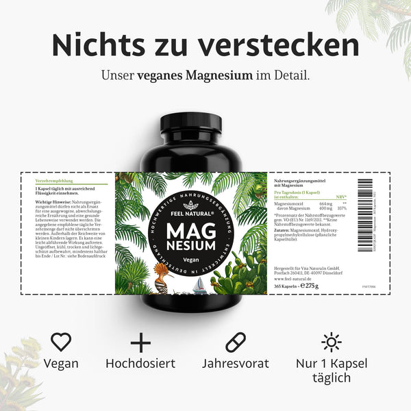 Magnesium hochdosiert Kapseln - 365 Stück (Jahresvorrat) - 664mg je Kapsel, davon 400mg elementares Magnesium - höherer Gehalt als andere Magnesiumformen - Laborgeprüft & Vegan