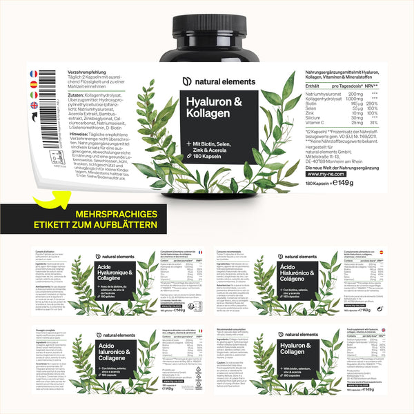 natural elements Hyaluronsäure Kollagen Komplex - 180 Kapseln - Angereichert mit Biotin, Selen, Zink, Vitamin C aus Acerola & Bambusextrakt - Laborgeprüft