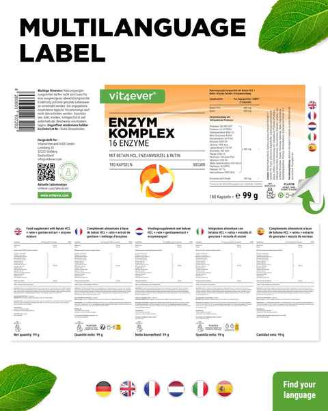 vit4ever Verdauungsenzyme - 180 Kapseln mit 16 Enzyme plus Betain HCL, Rutin & Enzianwurzel - Mit Bromelain, Papain, Amylase, Lipase, Protease, Laktase - Vegan - Hochdosiert