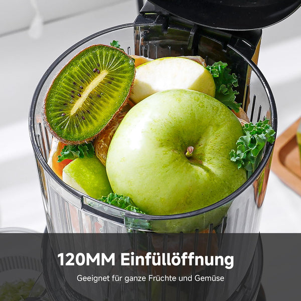 AMZCHEF Slow Juicer - Entsafter mit 120MM Breite und großer Fütterungsröhre für ganze Obst und Gemüse - Leicht zu reinigender Entsafter mit 2 Gläsern - Silbrig - Bodyshop-fit
