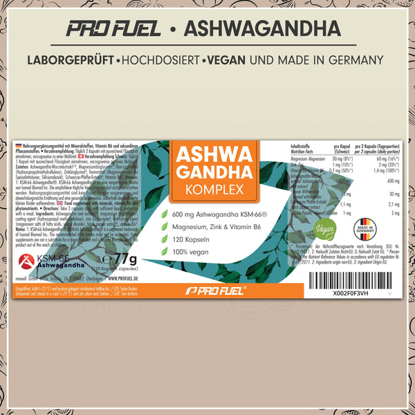Ashwagandha Kapseln hochdosiert 120x - 600 mg KSM-66® pro Tag mit Magnesium, Zink, Vitamin B6, Piperin - Vegan & laborgeprüft - Bodyshop-fit