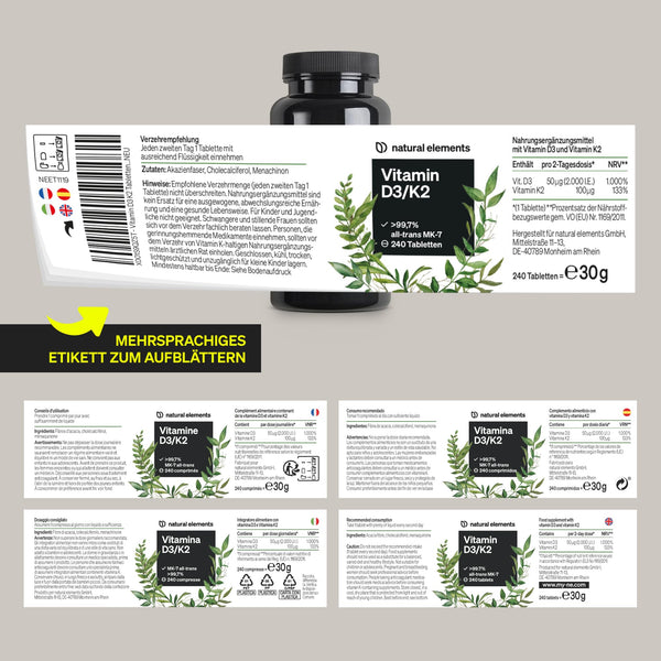 natural elements Vitamin D3 + K2 – > 99,7% all-trans MK-7 & 2000 IE Vitamin D3 – 240 Tabletten – hochdosiert, optimal bioverfügbar – ohne unnötige Zusätze – in Deutschland produziert