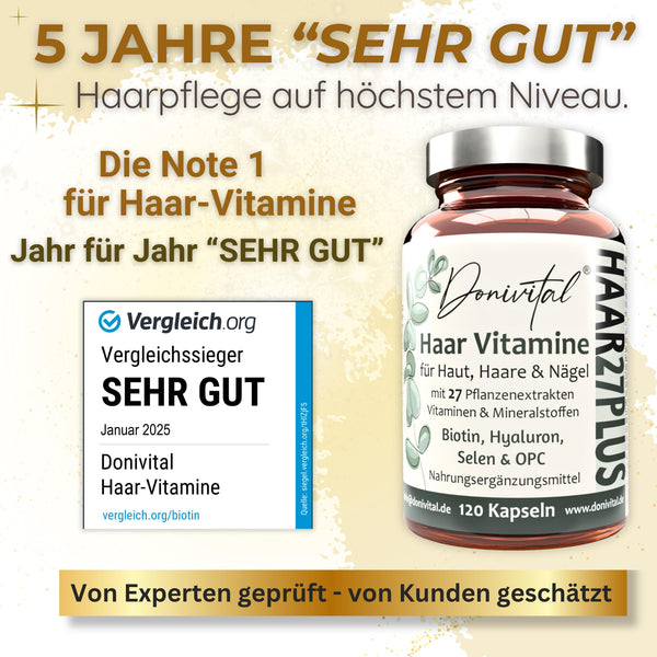 Haar-Vitamine Testnote SEHR GUT - 27 Wirkstoffe - Hochdosiert Biotin Zink Selen zum Erhalt normaler Haare. Hyaluron Hirseextrakt alle B-Vitamine. 120 Kapseln für Frauen, Männer & Bart - Vegan