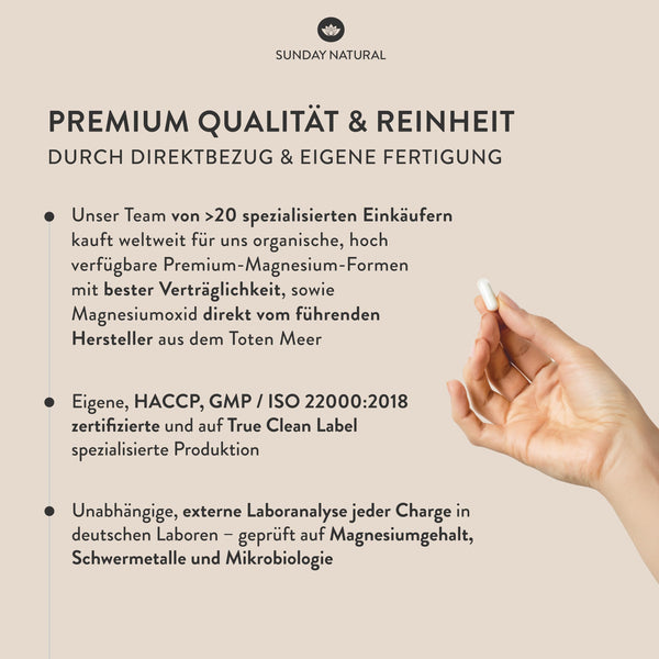 SUNDAY NATURAL® Magnesium Komplex hochdosiert – 240 Kapseln mit 400mg Magnesium pro Tag aus 7 Verbindungen - Vegan und laborgeprüft - Bodyshop-fit