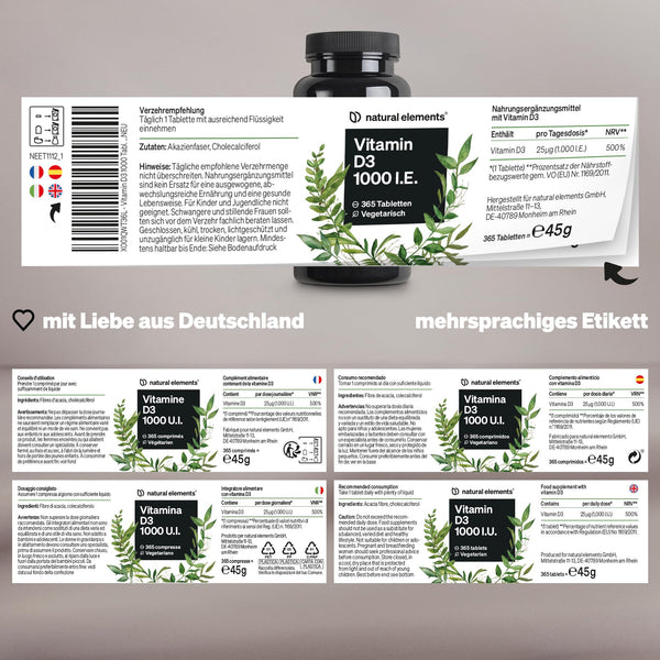 natural elements Vitamin D3 1000 I.E. – 365 Tabletten im Jahresvorrat – Vitamin D für Knochen und Immunsystem – hochdosiert, ohne unnötige Zusätze – in Deutschland produziert & laborgeprüft