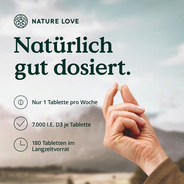 Nature Love Vitamin D3 K2 Wochendepot - 180 vegane Tabletten - 7000IE D3 + 140µg K2 pro Tablette mit >99,7% all-trans - Hochdosiert & vegan - Laborgeprüft, in Deutschland produziert