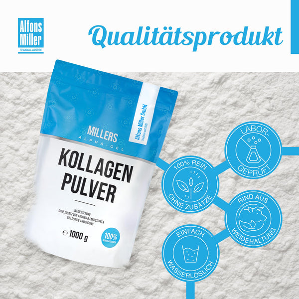 100% reines Kollagen Pulver 1000 g – Kollagen Peptide – Collagen Protein – Millers Alpha-Gel – Ohne Zusatzstoffe – Geschmacksneutral – Collagen Pulver – Alfons Miller – Deutsches Familienunternehmen