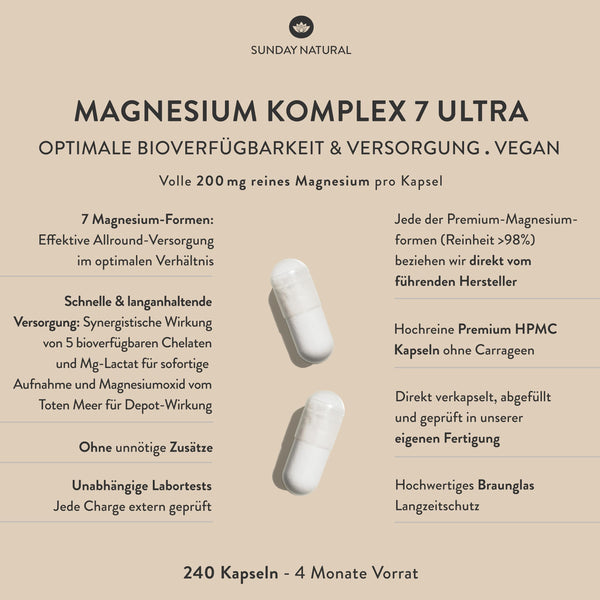 SUNDAY NATURAL® Magnesium Komplex hochdosiert – 240 Kapseln mit 400mg Magnesium pro Tag aus 7 Verbindungen - Vegan und laborgeprüft - Bodyshop-fit