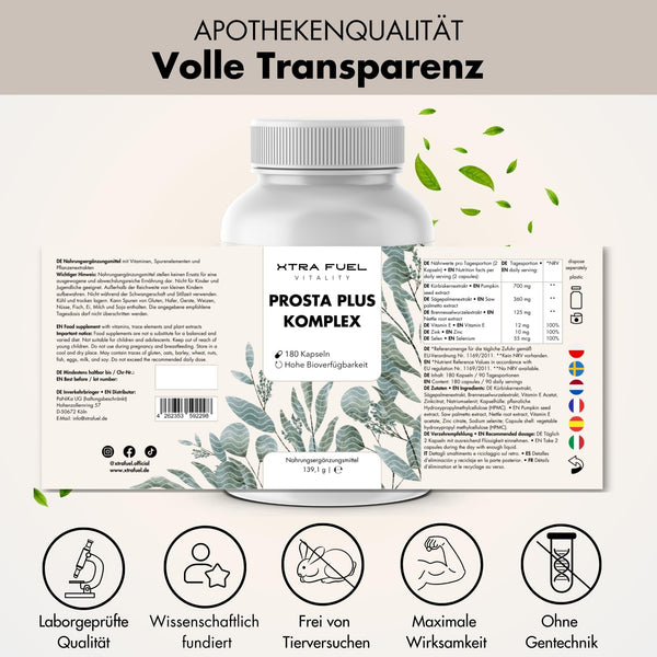 Prosta Plus Komplex - 180 Prostata Kapseln hochdosiert - einzigartige Formel aus Kürbiskern-, Sägepalmen-, Brennnesselwurzelextrakt mit Zink, Vitamin E & Selen - geprüfte Prostata Komplex Kapseln