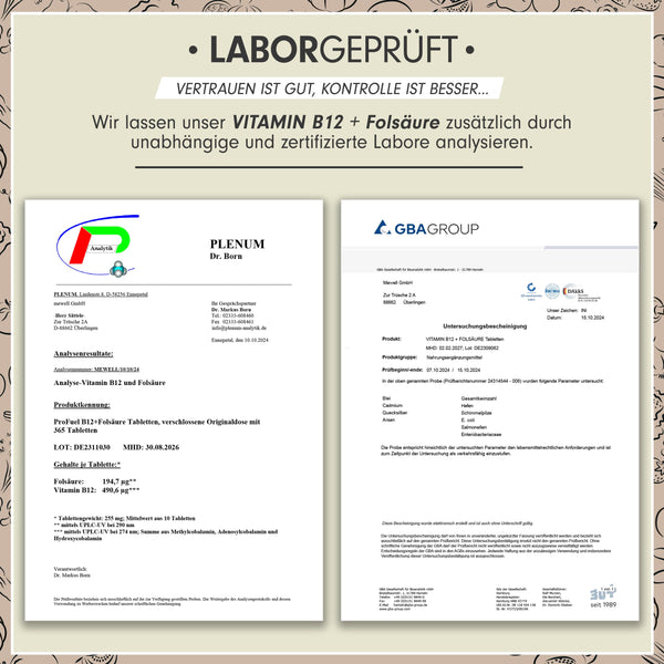 VITAMIN B12 hochdosiert 500 µg - 365 vegane Tabletten mit Biofolate® Folsäure, laborgeprüft - Bodyshop-fit