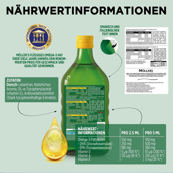 Möller's Omega 3 Lebertran Öl | Nordic Omega 3 Nahrungsergänzung mit EPA, DHA, Vitamin A, D, E | Superior Taste Award | Hochreiner natürlicher | 165 Jahre alte Marke | Zitrone | 500 ML