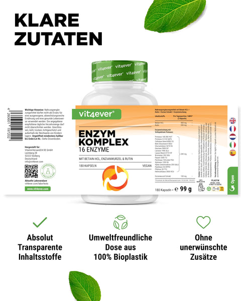 vit4ever Verdauungsenzyme - 180 Kapseln mit 16 Enzyme plus Betain HCL, Rutin & Enzianwurzel - Mit Bromelain, Papain, Amylase, Lipase, Protease, Laktase - Vegan - Hochdosiert