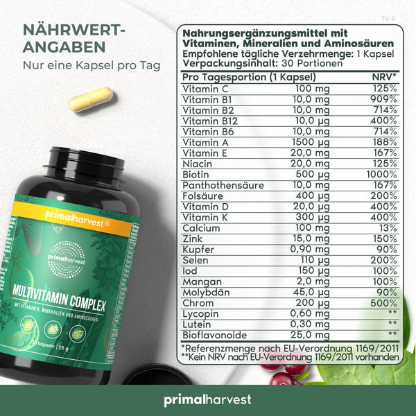 Primal Harvest Multivitamin Tabletten - Hochdosierte Kapseln mit Vitaminen A, C, D, K und Mineralstoffen für optimale Gesundheit (30 Portionen) - Bodyshop-fit