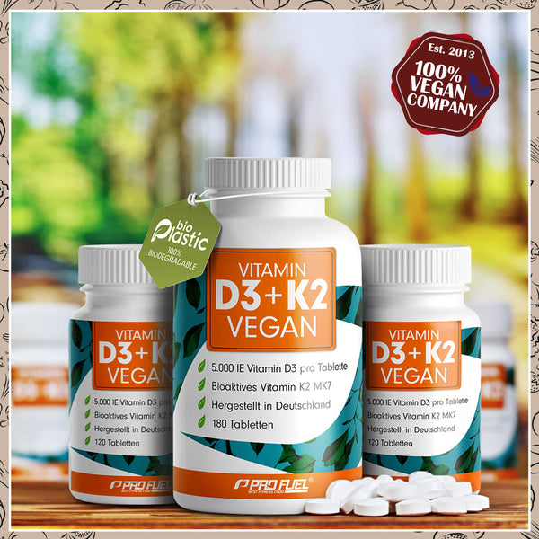 Vitamin D3 K2 VEGAN - 180 Tabletten mit 5000 IE D3 + 200 mcg K2 (MK7) - Vitamin D3 hochdosiert und vegan + Vitamin K2 in bioaktiver MK7-Form - laborgeprüft mit Zertifikat - Vorratspack: 180 Tabletten