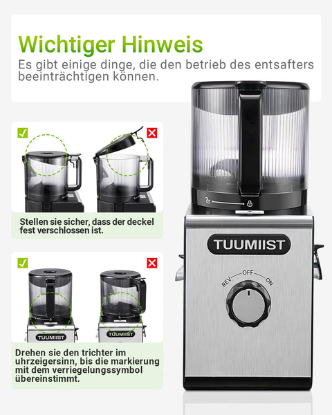 150mm XXL-Entsafter, TUUMIIST Großkalibriger Entsafter Testsieger für Obst & Gemüse, 3L Füllvolumen Für Familie – 99% Saftausbeute, BPA-frei, REV Anti-Blockier-System + Ein-Klick-Reinigung, Schwarz