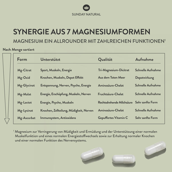 SUNDAY NATURAL® Magnesium Komplex hochdosiert – 240 Kapseln mit 400mg Magnesium pro Tag aus 7 Verbindungen - Vegan und laborgeprüft - Bodyshop-fit