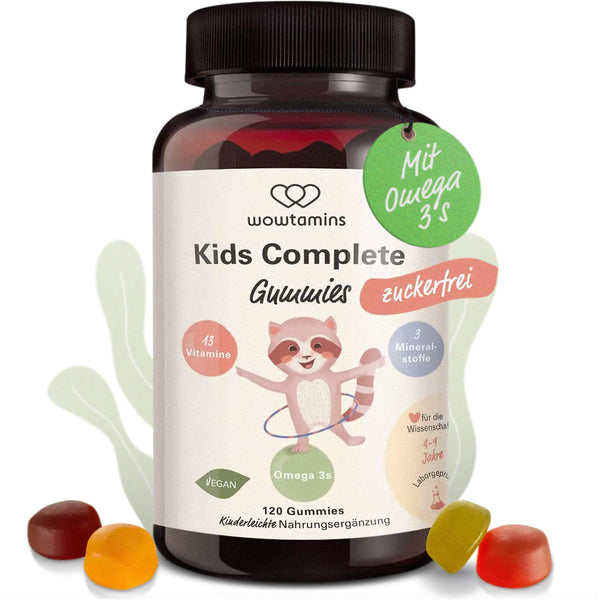 wowtamins Kids Complete zuckerfrei - Vegane Multivitamin Gummies mit Omega 3 für Kinder - zuckerfreie Kinder-Vitamine für ein starkes Immunsystem mit Vitamin C, D3, B12, Zink & mehr - 30-Tage-Vorrat - Bodyshop-fit