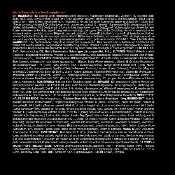 GymBeam Men‘s Essentials Vitamin und Mineralienkomplex - Nahrungsergänzungsmittel, komplexes Multivitamin speziell für Männer entwickelt, Tabletten mit 27 Inhaltsstoffen (120 Tab)
