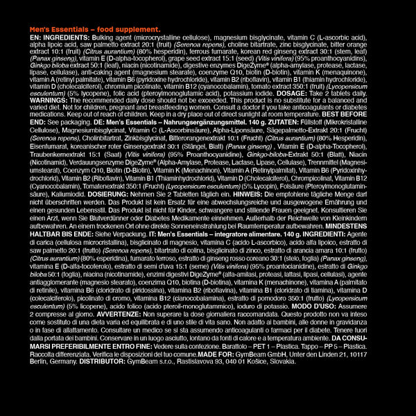 GymBeam Men‘s Essentials Vitamin und Mineralienkomplex - Nahrungsergänzungsmittel, komplexes Multivitamin speziell für Männer entwickelt, Tabletten mit 27 Inhaltsstoffen (120 Tab)