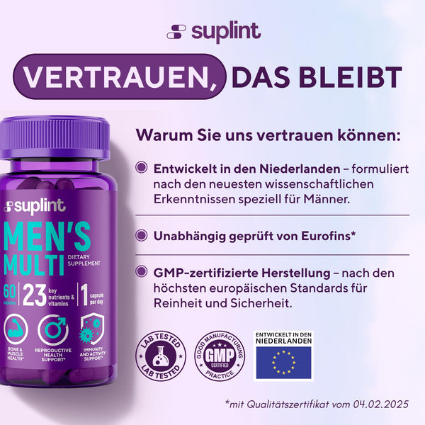Multivitamin für Männer - 60 Kapseln für 60 Tage - Vitamin Komplex A-Z & Mineralstoffe wie Zink, Magnesium, Und Mehr - Hochdosierte Tabletten Multivinamine A, C, D, E, B6, B12, K