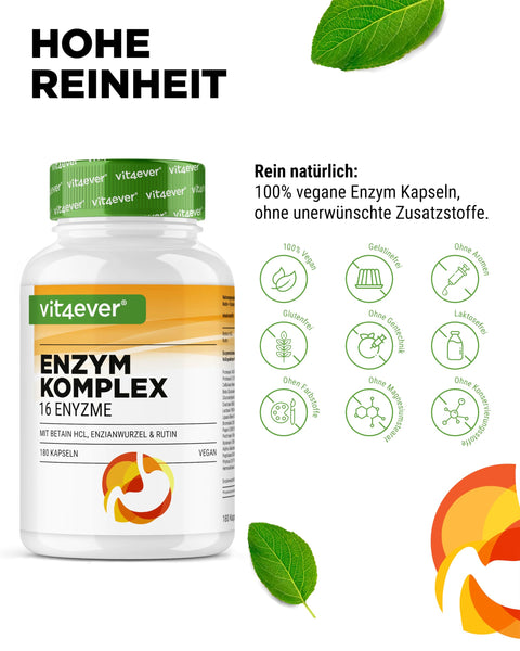 vit4ever Verdauungsenzyme - 180 Kapseln mit 16 Enzyme plus Betain HCL, Rutin & Enzianwurzel - Mit Bromelain, Papain, Amylase, Lipase, Protease, Laktase - Vegan - Hochdosiert
