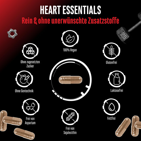 Heart Essentials - 120 Kapseln - Herz Komplex* mit hochdosierten 200mg Q10, 1000mg Arjuna Extrakt, 750mg Citrus Bergamot, Rosskastanien, Resveratrol, Olivenblatt, Vitamin B1 - Vegan