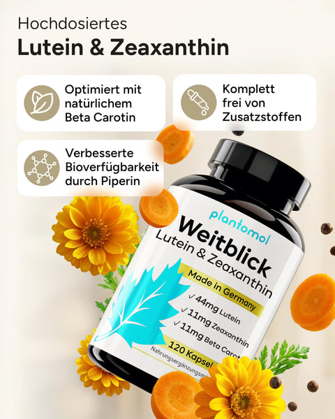 Lutein Zeaxanthin Kapseln - Augenvitamine hochdosiert mit 44mg Lutein + 11mg Zeaxanthin + 11mg Beta Carotin - 4 Monatsvorrat Augen Kapseln - Weitblick - Bodyshop-fit